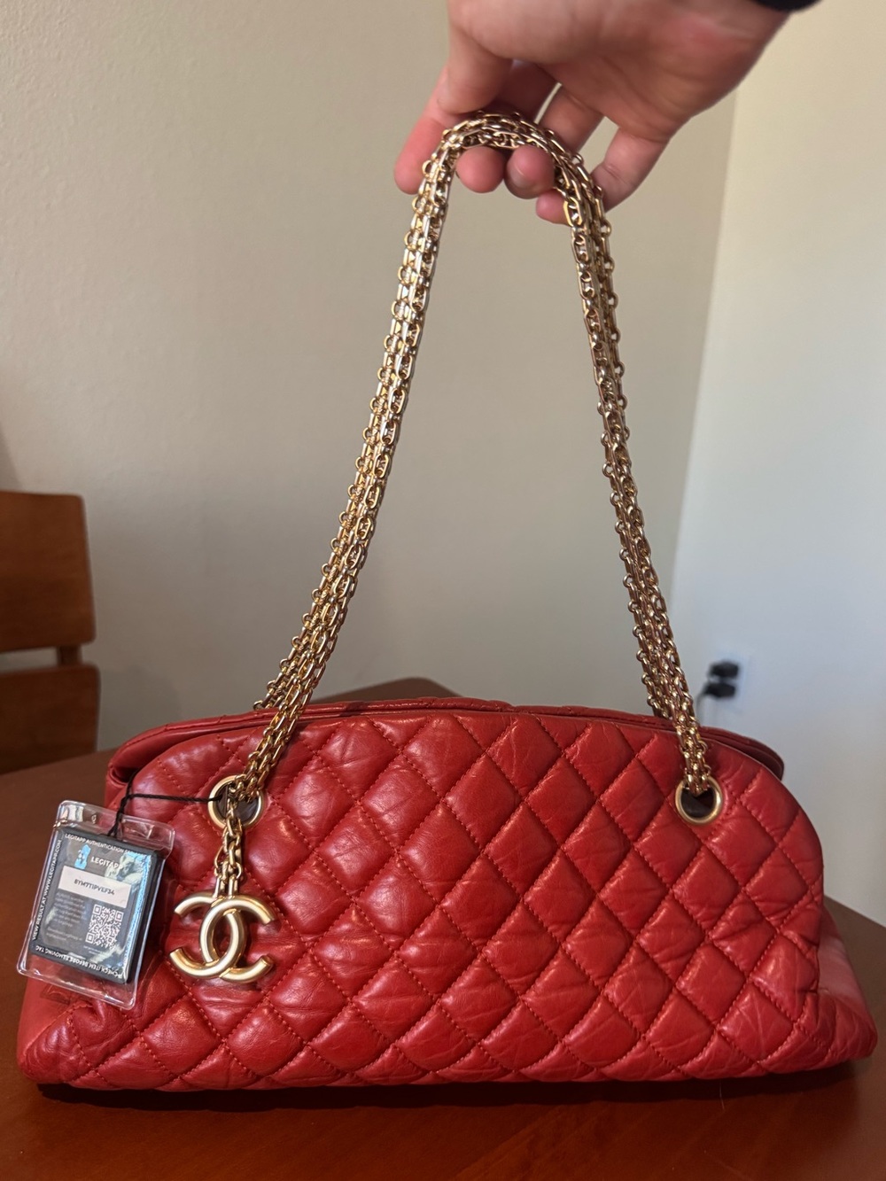 CHANEL Red Quilted Lambskin Leather Just Mademoiselle Bowling Bag